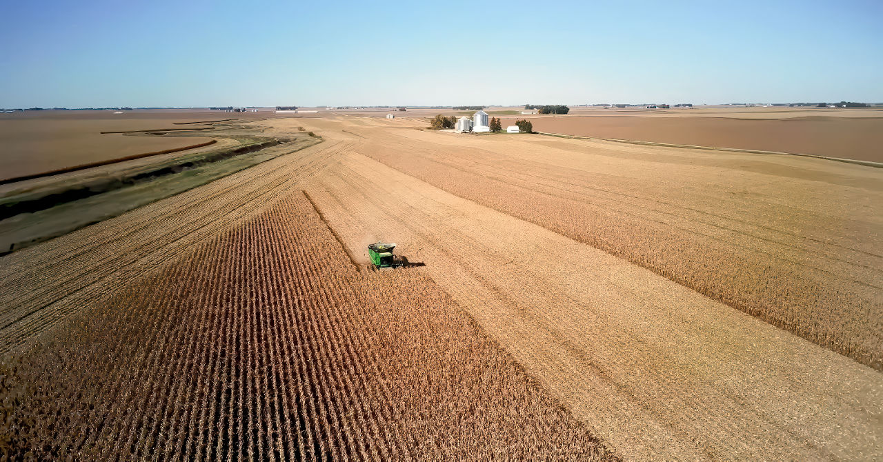 Uma vasta plantação agrícola com um trator trabalhando na colheita em meio a campos abertos sob céu claro, destacando a importância da agricultura sustentável no Brasil