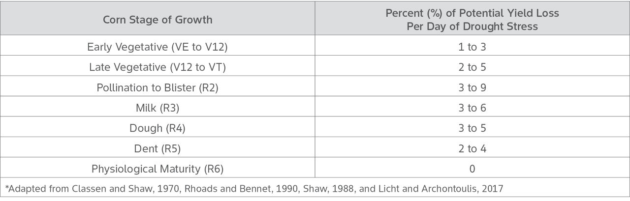 Estimated Percent of Potential Corn Yield Loss When Corn is Under Drought Stress for Four or More Consecutive Days* *Adapted from Classen and Shaw, 1970, Rhoads and Bennet, 1990, Shaw, 1988, and Licht and Archontoulis, 2017,