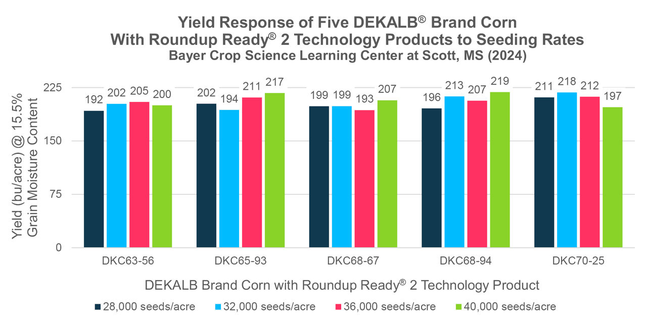 Figure 1. Yield response to various seeding rates of five DEKALB® brand Roundup Ready® Corn 2 products. 