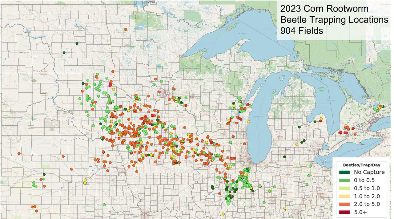 In 2023, 904 fields were surveyed using Pherocon® AM sticky traps in CO, IA, IL, IN, KS, MI, MN, MO, NE, ND, SD, WI, and Ontario, Canada to help determine the risk of corn rootworm feeding damage to corn in 2024. 