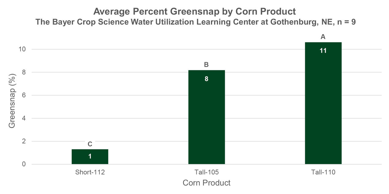 Percent greensnap incidence, averaged across tillage system and replications, by corn product 