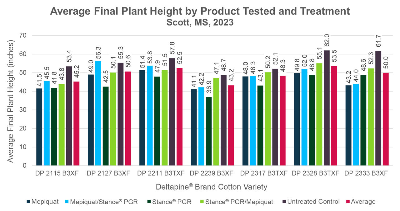 Average final plant height of each cotton variety tested by treatment, Scott, MS (2023). 