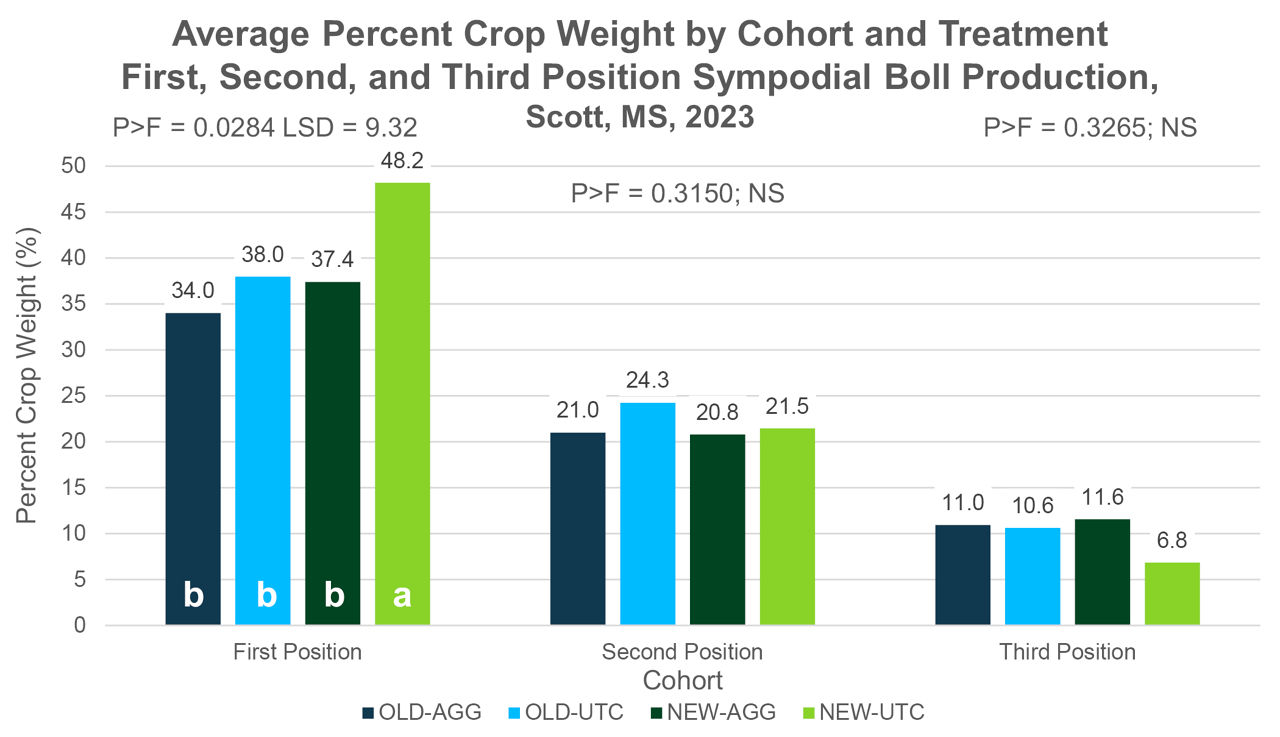 Average percent crop weight by cohort and treatment, first, second, and third position sympodial boll production, Scott, MS, 2023.