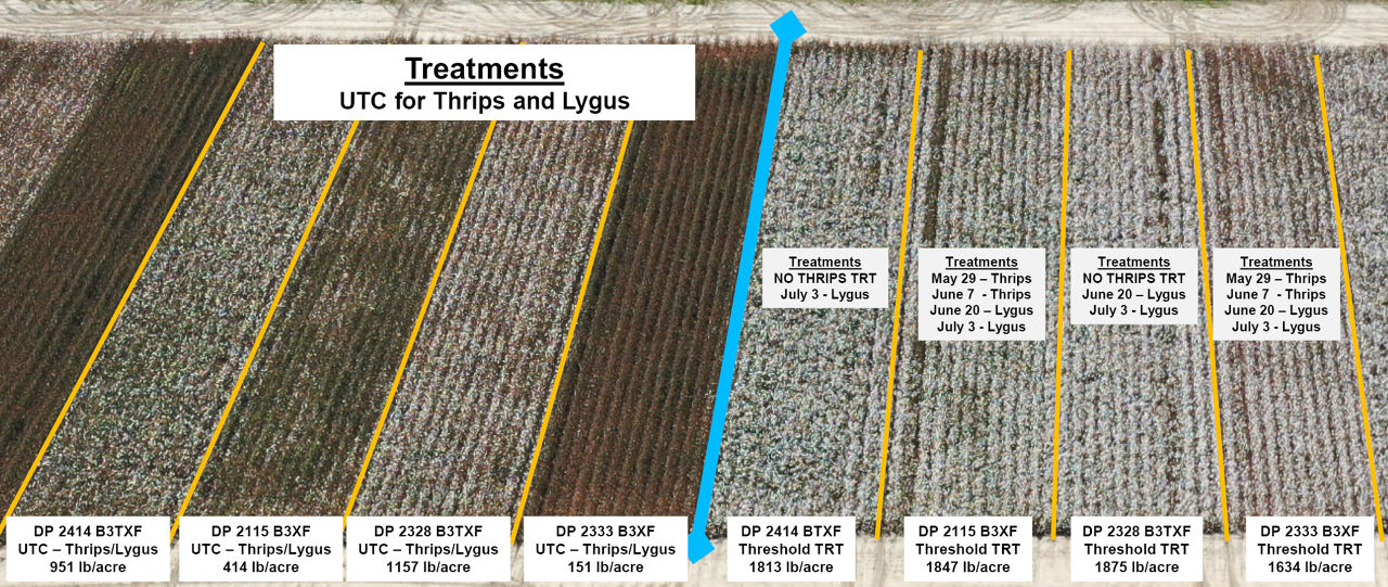 Aerial image of the trial identified by treatment and yield performance