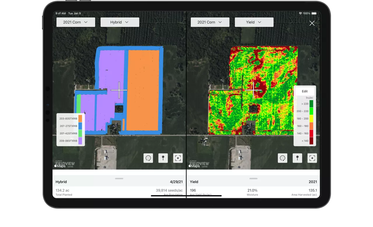 Side-by-side map comparing hybrid to yield