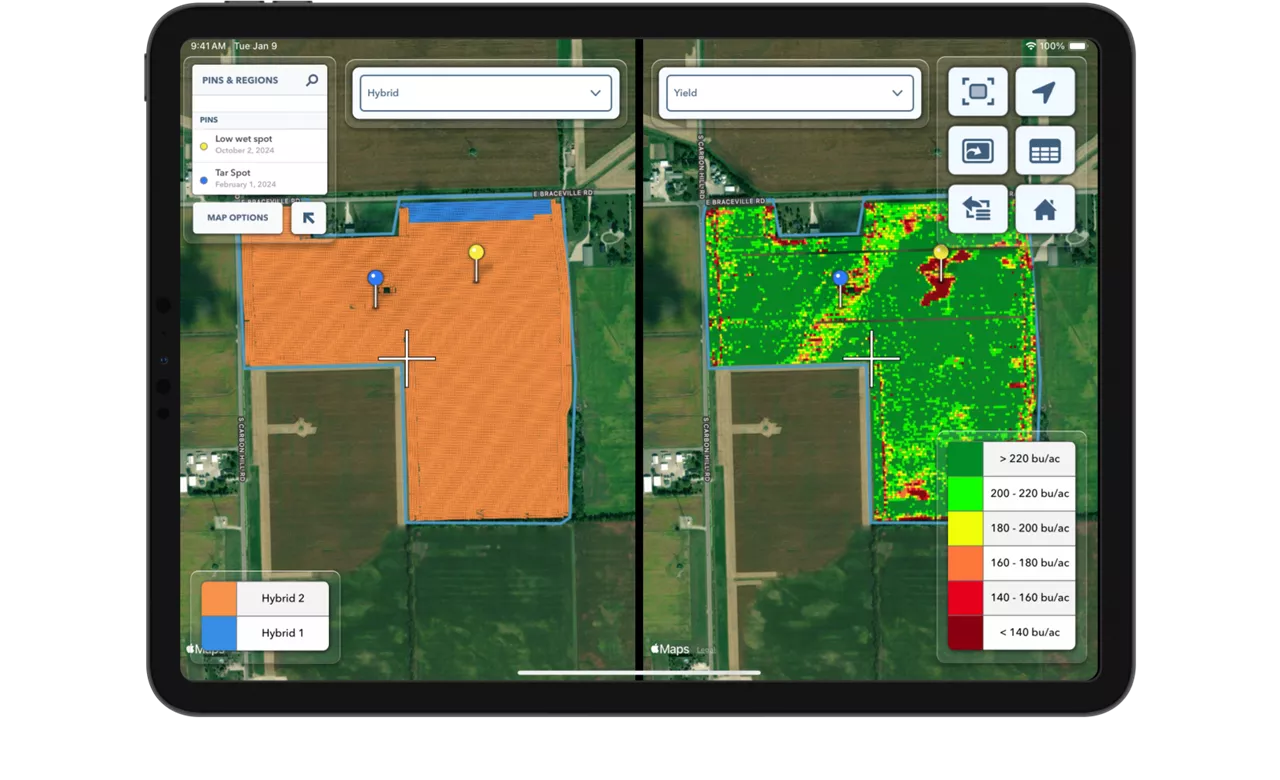 Side-by-side map comparing hybrid to yield in the FieldView Cab app.