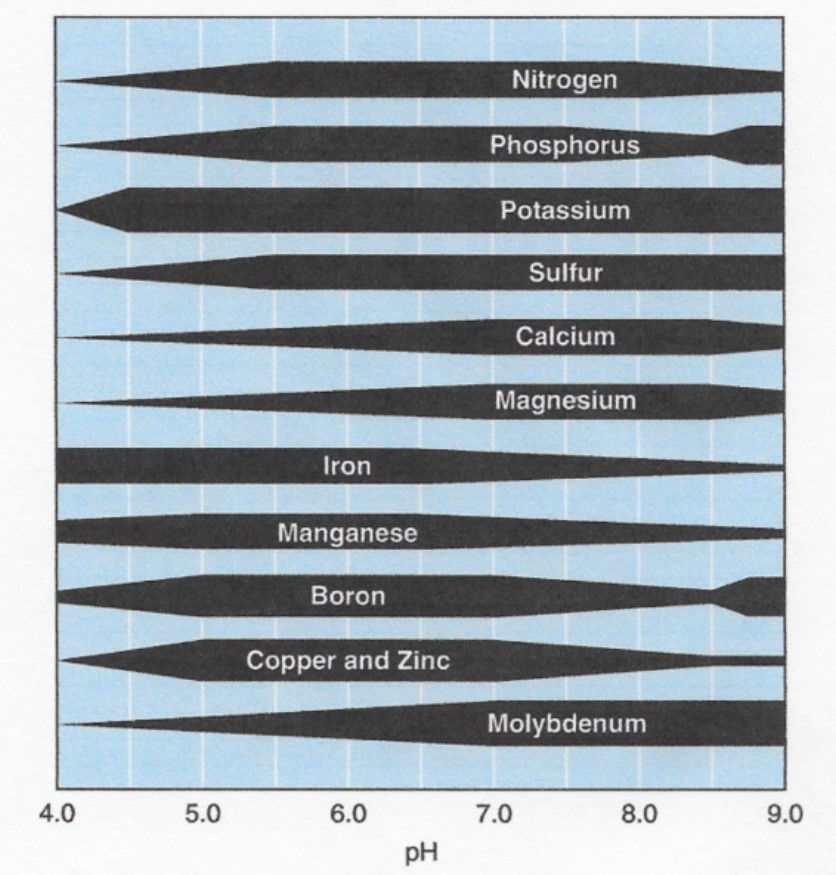 Figure 7. Nutrient availability chart by soil pH.   Image courtesy of Dr. Emerson Nafziger, University of Illinois 