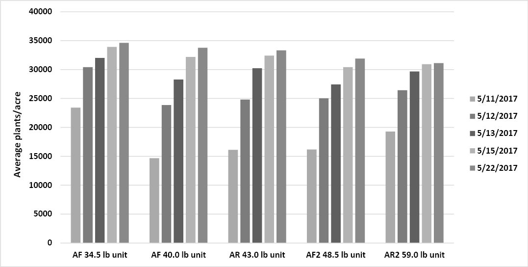 Average number of plants per acre counted on the five different evaluation dates. (Medium flat, AF 34.5 lb/80,000 kernels, Medium flat, AF 40.0 lb unit/80,000 kernels, Medium round, AR 43.0 lb unit/80,000 kernels, Large flats, AF2 48.5 lb unit/80,000 kernels, Large rounds, AR2 59.0 lb unit/80,000 kernels)