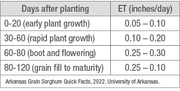 Estimated grain sorghum water use by growth stage table image.