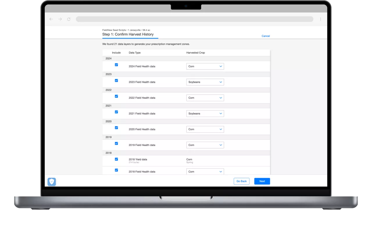 FieldView Seed Scripts selecting historical fields