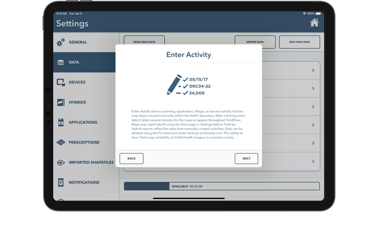 Enter manual activity in FieldView Cab