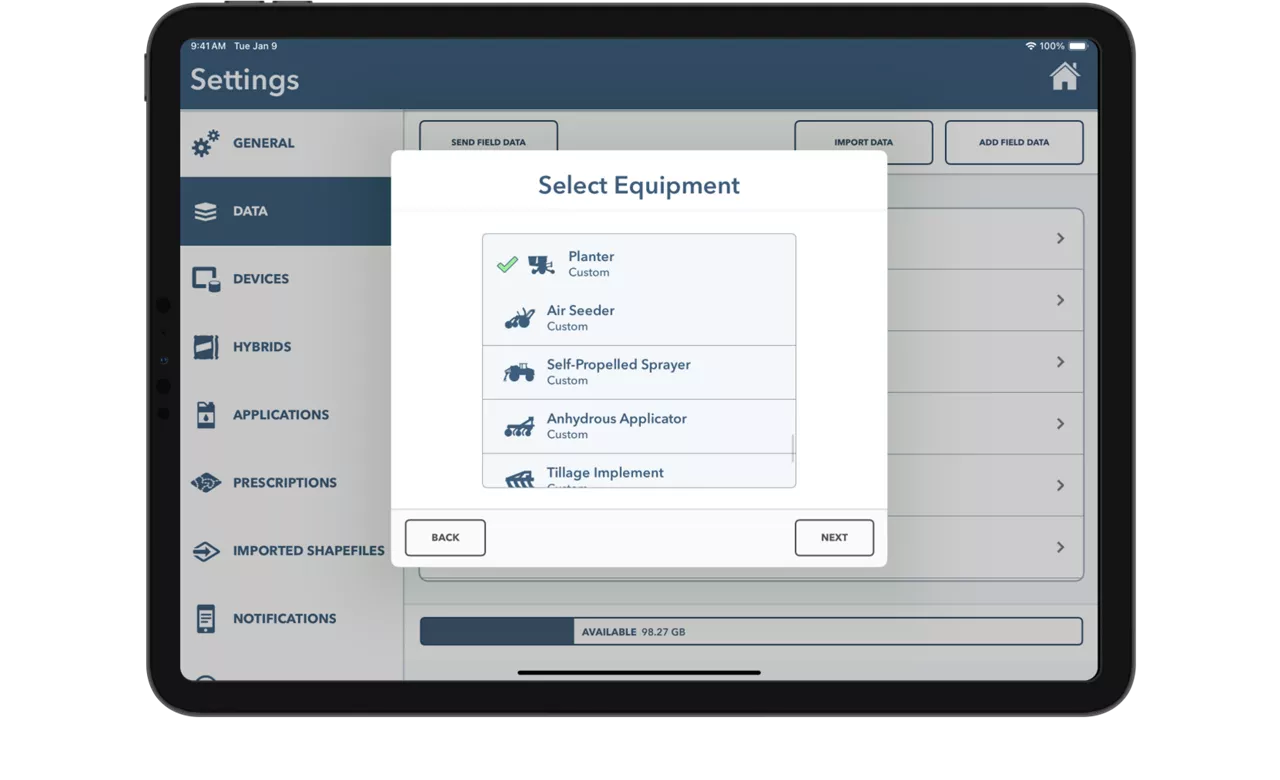 Selecting a planter in FieldView Cab