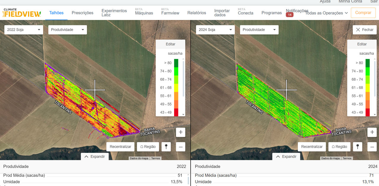 Imagem de análise de produtividade agrícola comparando dados de 2022 e 2024, destacando o aumento de produtividade entre os dois anos, conforme é possível verificar nas cores do mapa