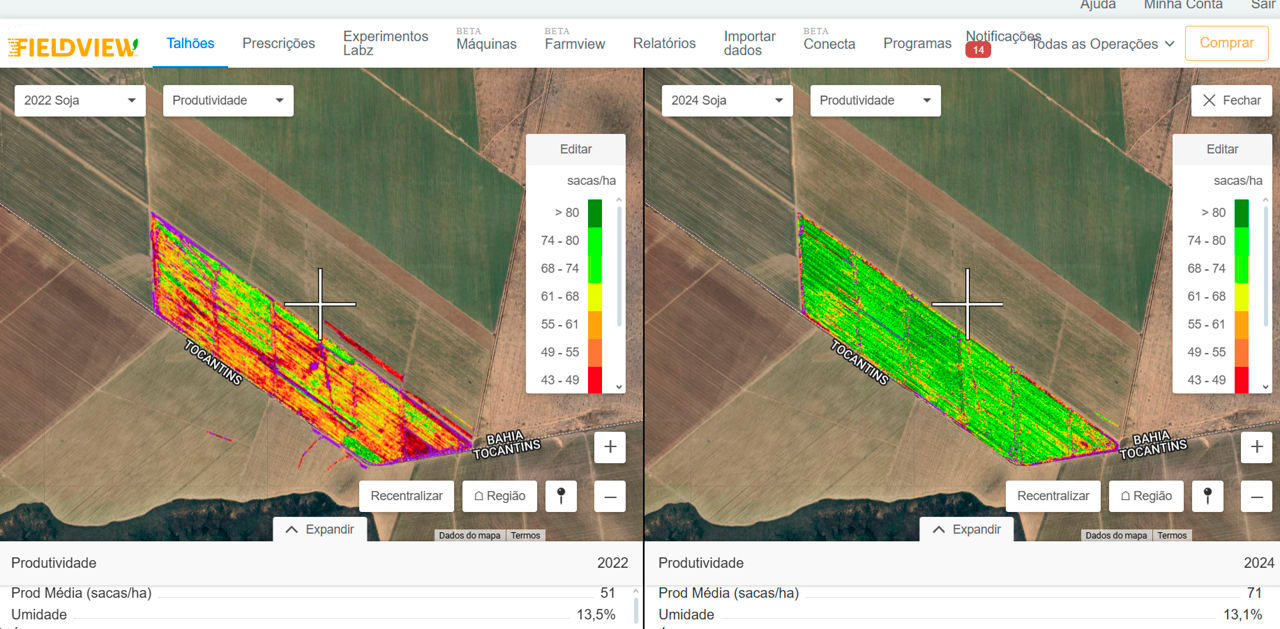 Imagem de análise de produtividade agrícola comparando dados de 2022 e 2024, destacando o aumento de produtividade entre os dois anos, conforme é possível verificar nas cores do mapa