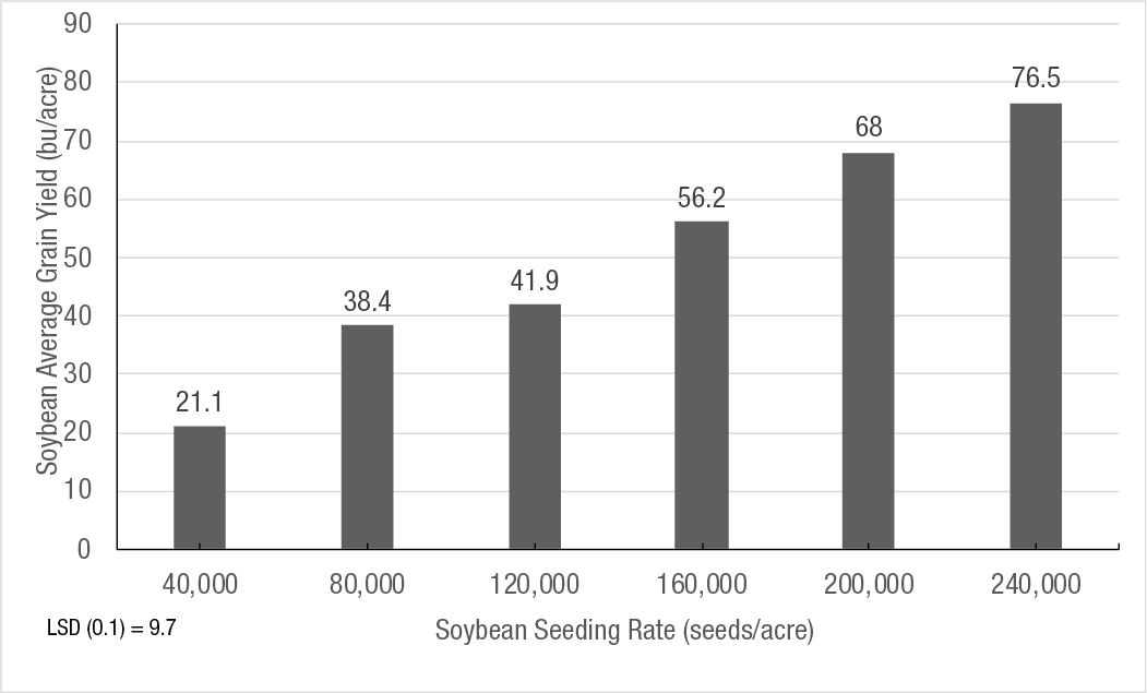 Figure 2. Average soybean yield resulting from six seeding rates at the Bayer Water Utilization Learning Center, Gothenburg, NE. 2021 