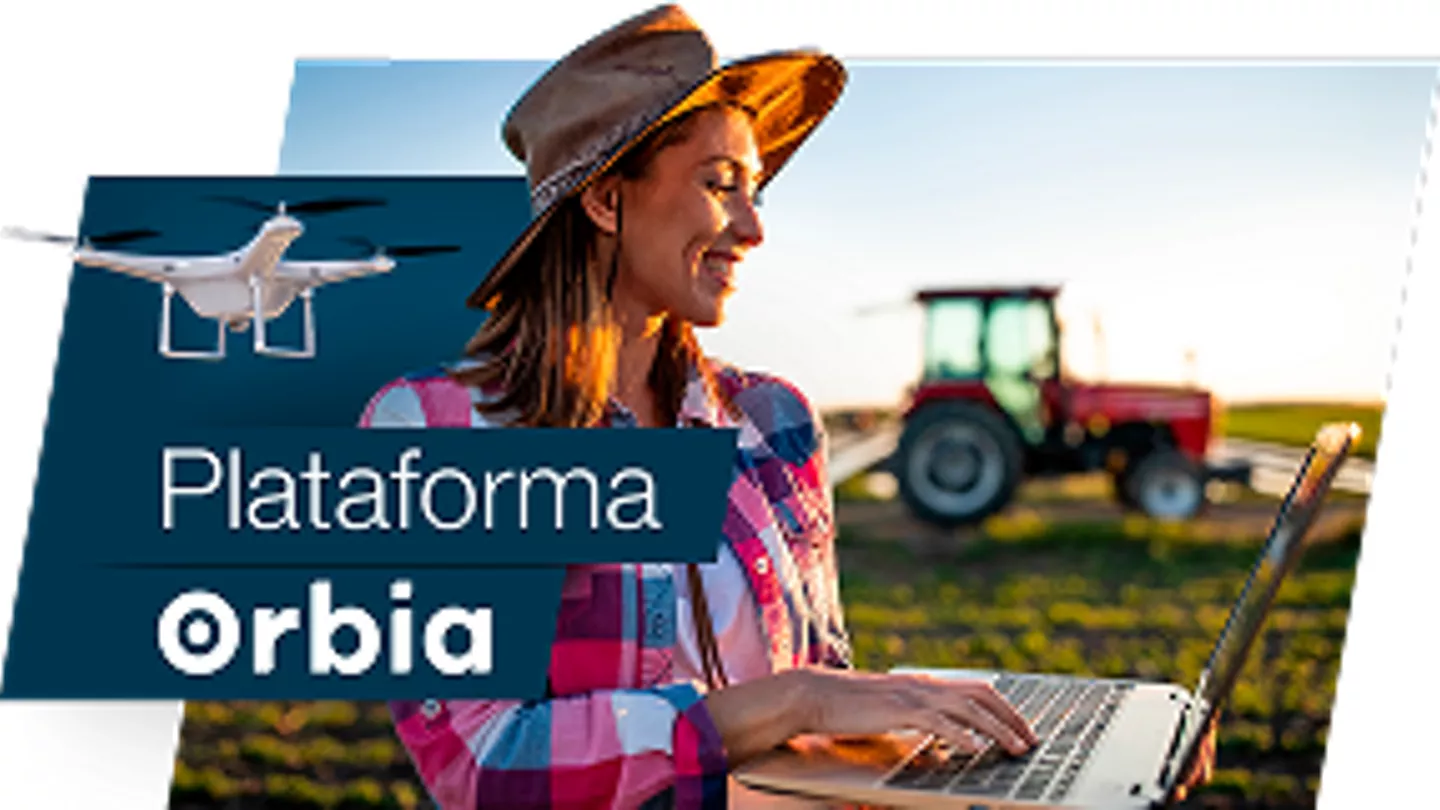 Imagem de agricultora com computador e texto "plataforma orbia"