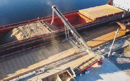 A small conveyor belt is beside a cargo ship on a dock, loading canola into the cargo hold of the ship. Blue water is in the background.