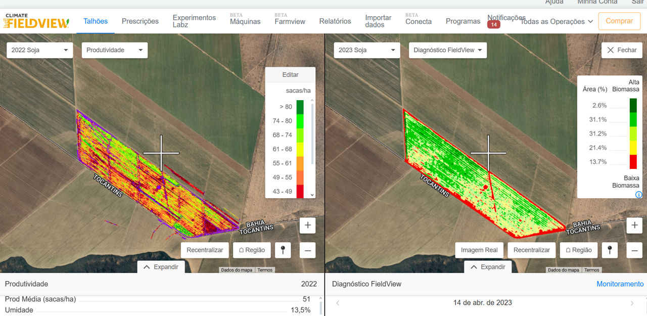 Mapa de produtividade do FieldView de 2022 sendo comparado com a imagem de diagnóstico do mesmo talhão em 2023, mostrando por meio de cores quais são os pontos de maior e menor desempenho produtivo na área