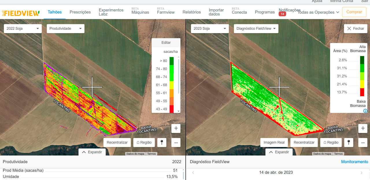Mapa de produtividade do FieldView de 2022 sendo comparado com a imagem de diagnóstico do mesmo talhão em 2023, mostrando por meio de cores quais são os pontos de maior e menor desempenho produtivo na área
