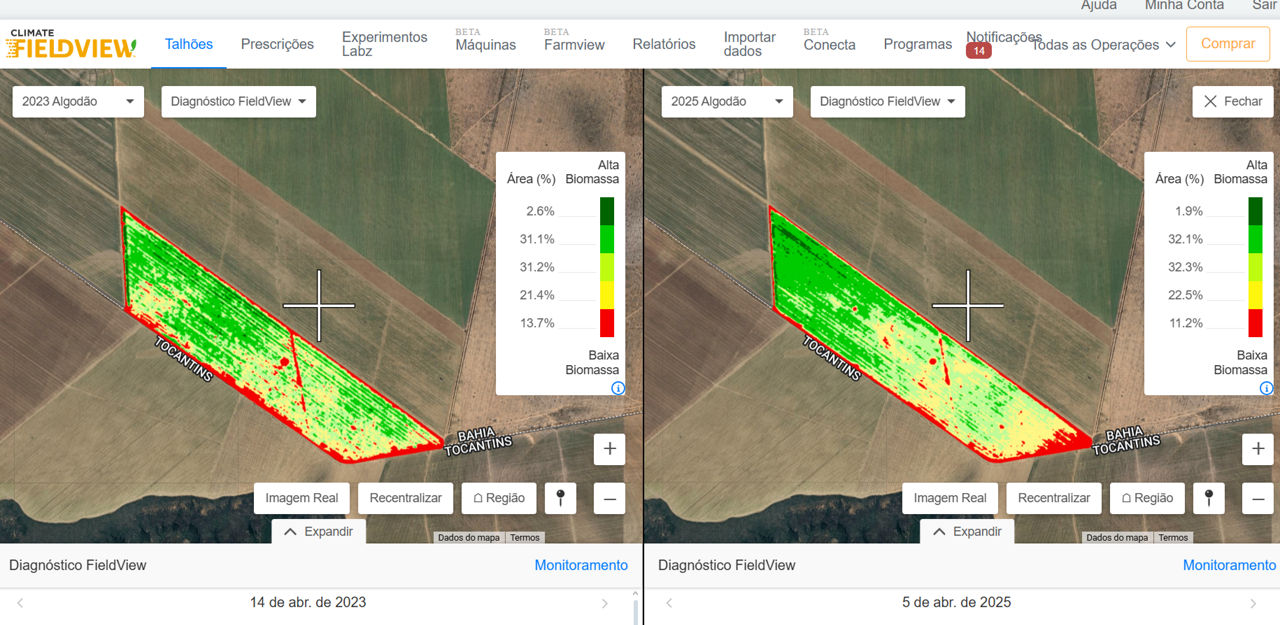 Imagem de monitoramento do Diagnóstico FieldView indica a evolução do desenvolvimento vegetativo do talhão entre 2023 e 2025, destacando a variação da saúde da lavoura de algodão por meio de cores como verde, amarelo e vermelho