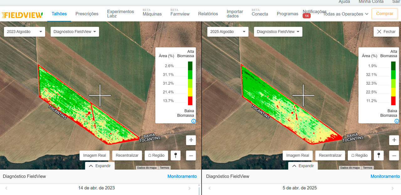 Imagem de monitoramento do Diagnóstico FieldView indica a evolução do desenvolvimento vegetativo do talhão entre 2023 e 2025, destacando a variação da saúde da lavoura de algodão por meio de cores como verde, amarelo e vermelho