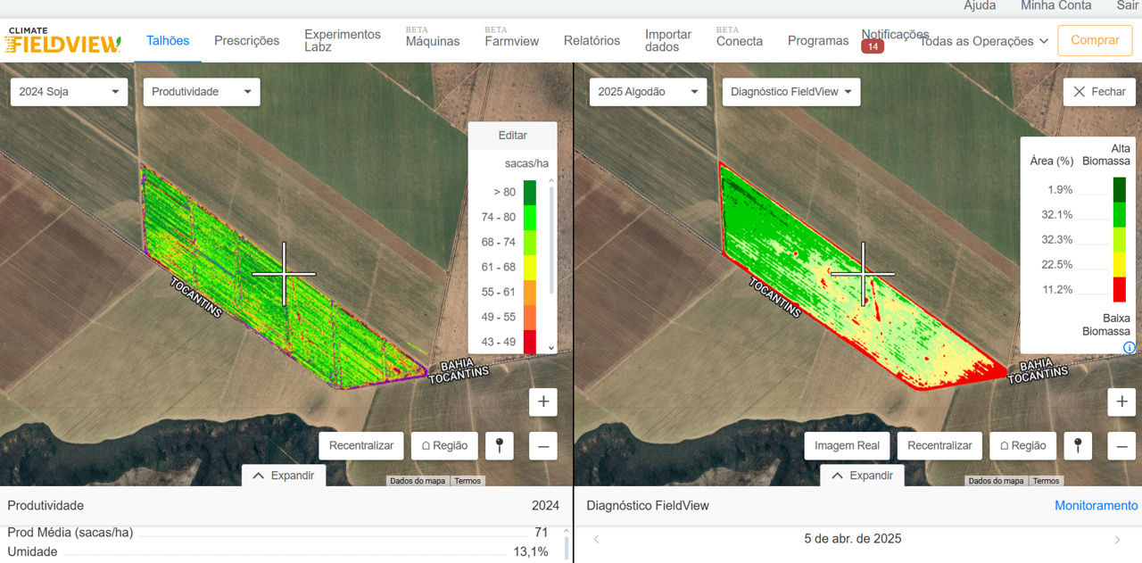 Análise de produtividade agrícola com mapas de produtividade e diagnóstico fitotécnico, destacando áreas de alta e baixa produtividade na plantação em 2024 e 2025