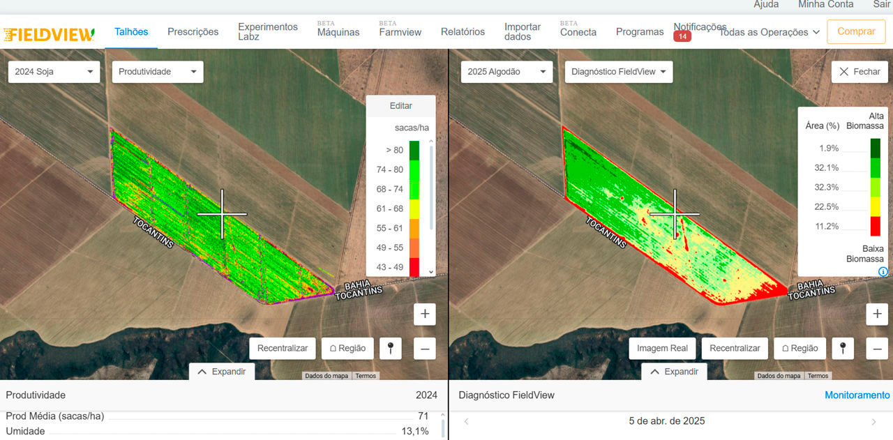 Análise de produtividade agrícola com mapas de produtividade e diagnóstico fitotécnico, destacando áreas de alta e baixa produtividade na plantação em 2024 e 2025