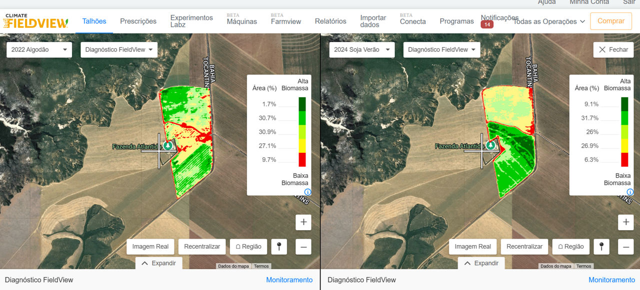Mapas de análise de áreas verdes com indicadores de densidade do Vegetação, destacando zonas de alta e baixa vegetação em um terreno agrícola, usando imagens de satélite com legendas de cores