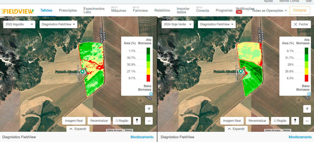 Mapas de análise de áreas verdes com indicadores de densidade do Vegetação, destacando zonas de alta e baixa vegetação em um terreno agrícola, usando imagens de satélite com legendas de cores