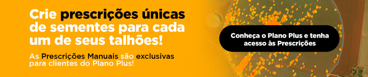 banner promovendo a criação de prescrições únicas de sementes para talhões, destacando o Plano Plus e seu acesso exclusivo às prescrições manuais.