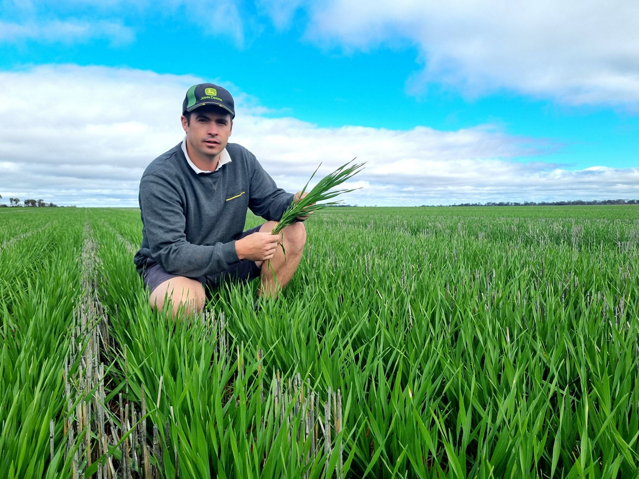 WA eastern wheatbelt grower Ben Graham, Bonnie Rock, pictured checking early crop development recently, says the use of latest digital trials technology has triggered significant application changes in his cropping program.
