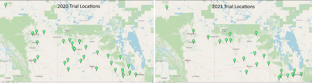 Map images showing trial locations from 2020 and 2021.  These trials would have been sprayed with Prosaro Pro, competitor products, and had an untreated check.