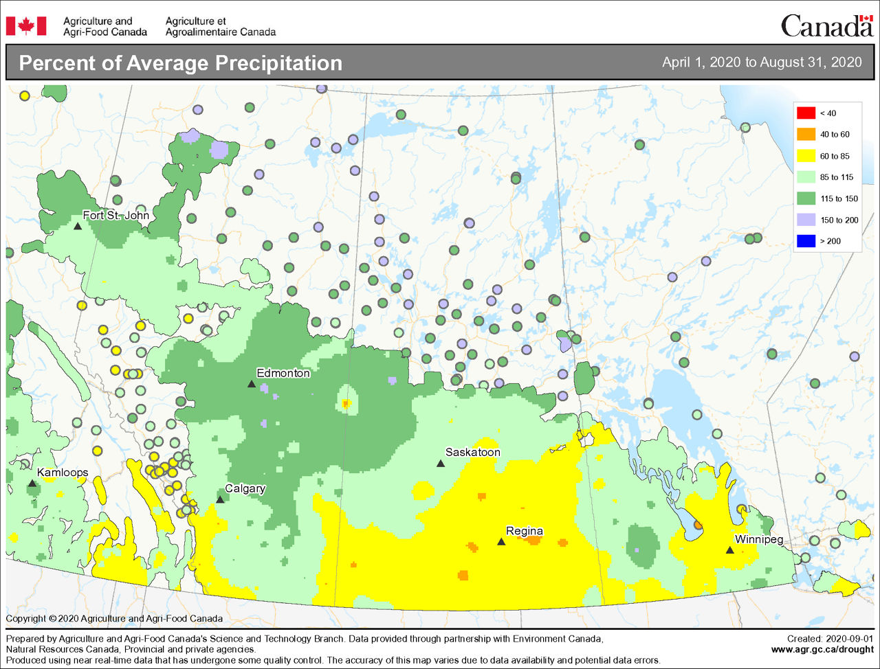 Precipitation map images of western Canada. This image is average annual rainfall from April 1st to August 31, 2020