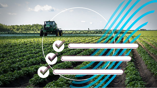  A sprayer driving through a soybean field. The image has graphic checkmarks on top of it. 