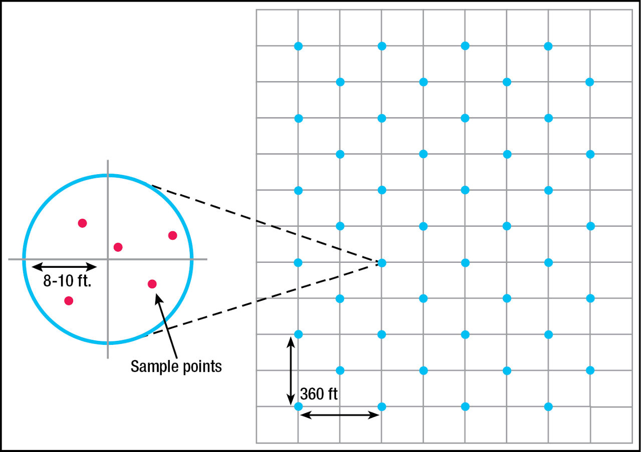 Example grid sampling pattern. Blue markers are grid intersections to sample; red markers represent soil cores collected randomly about the grid point for compositing into one sample for analysis. This example represents an area of 110 acres with a total of 44 soil samples, each composited from five cores. 