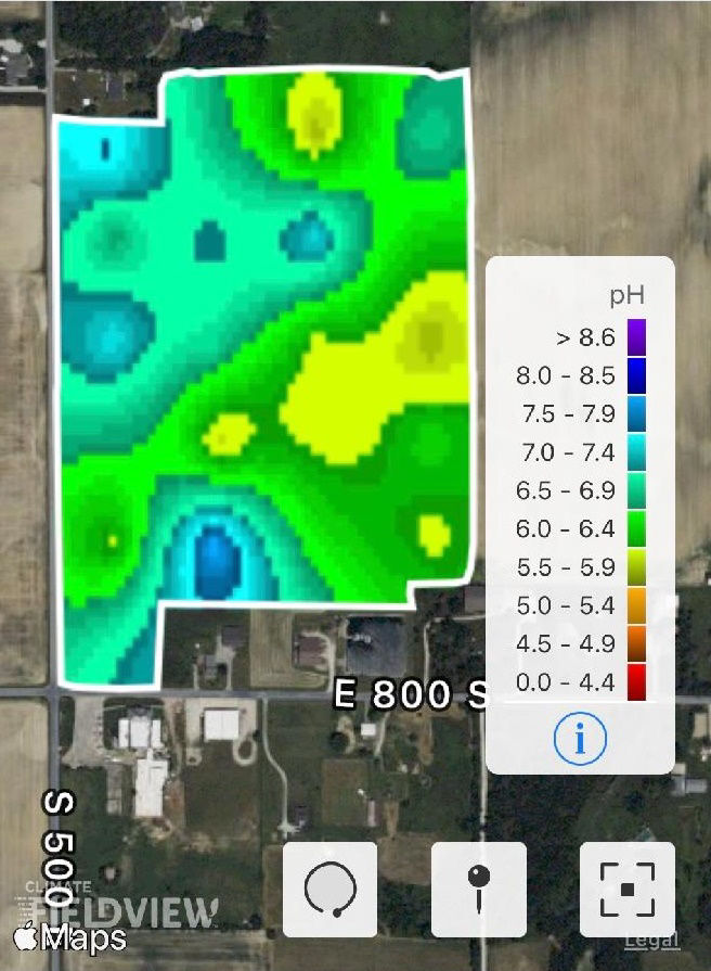 Example grid sampling pattern. Blue markers are grid intersections to sample; red markers represent soil cores collected randomly about the grid point for compositing into one sample for analysis. This example represents an area of 110 acres with a total of 44 soil samples, each composited from five cores. 