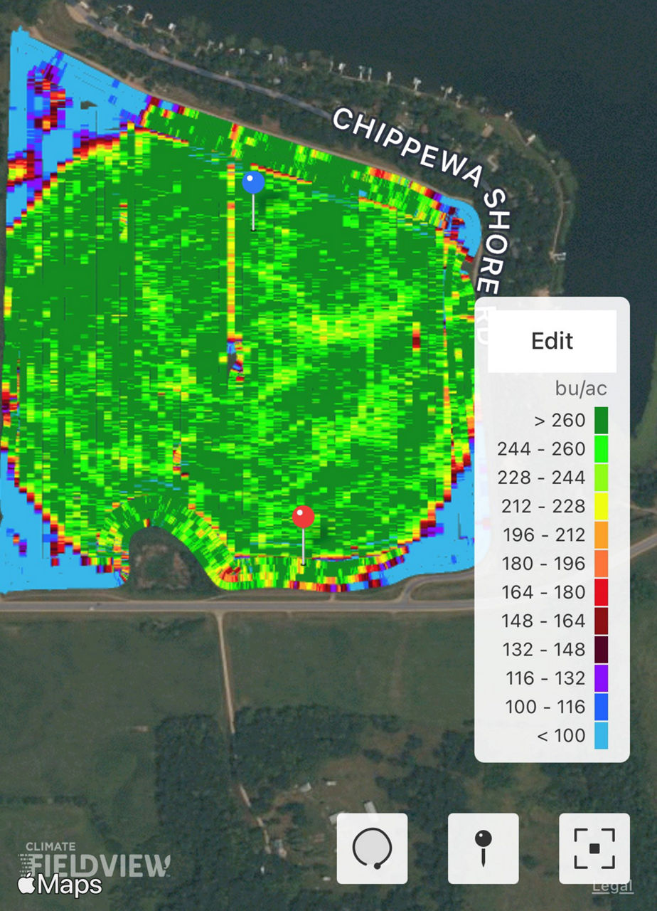  Climate FieldView™ map of irrigated field with yield levels. 