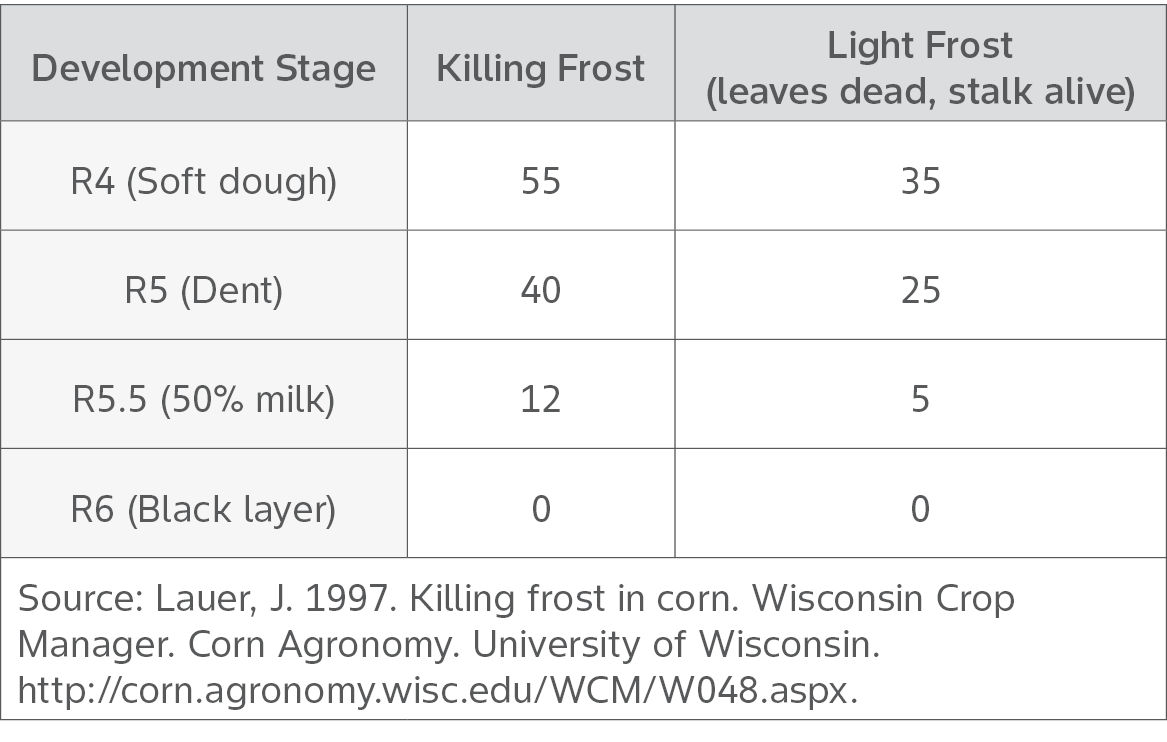  Potential percent loss of grain yield after frost at different growth stages.