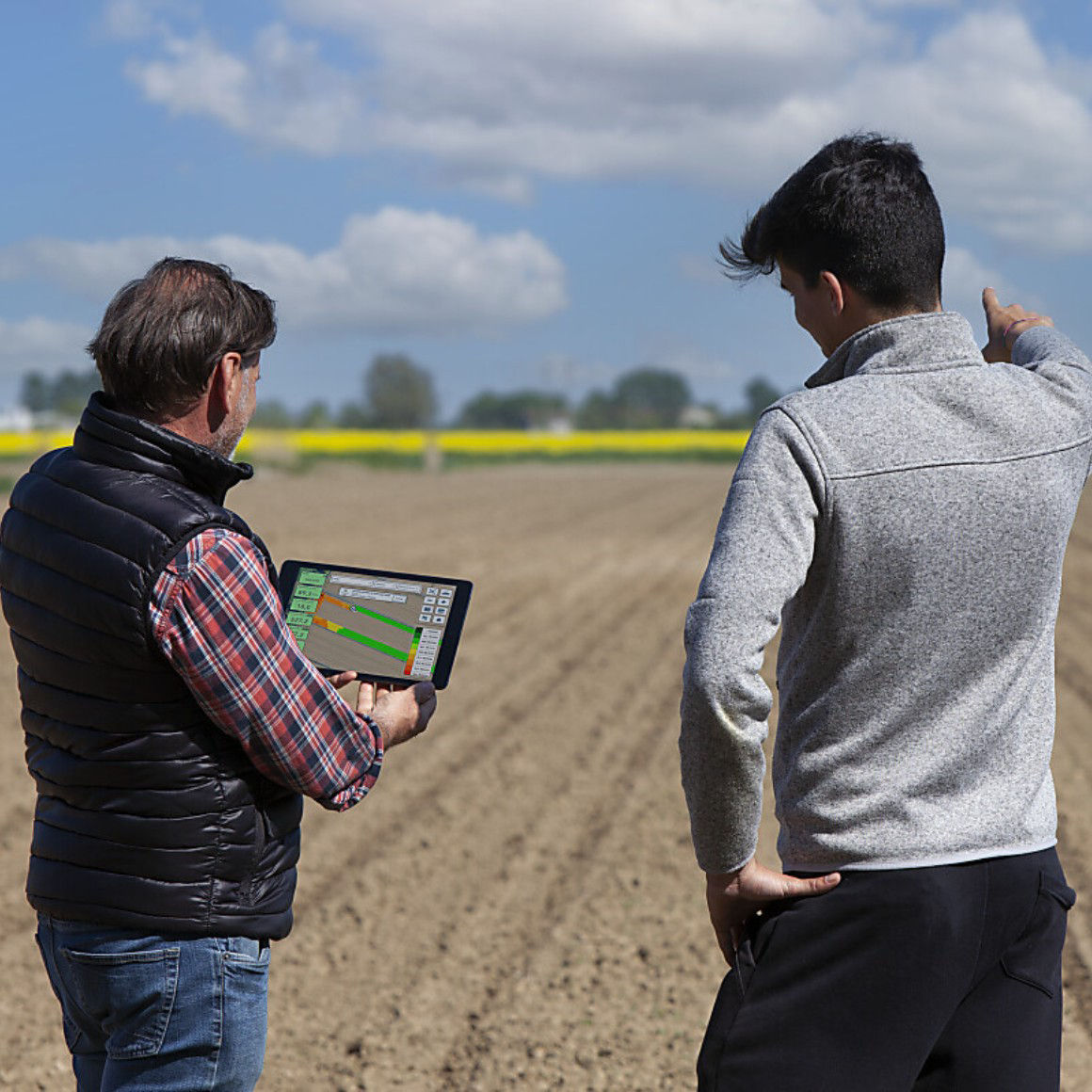 Two farmers talking on an oilseedrape field holding a tablet