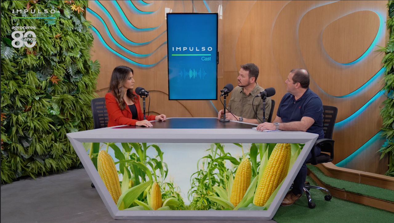 A apresentadora do Impulso Cast, Kelly Godoy, recebe o produtor rural Tales Pezzini e o representante de Desenvolvimento de Mercado da Bayer, Roberto Favaretto, para falar sobre tecnologias e manejos que impulsionam a produtividade do milho.