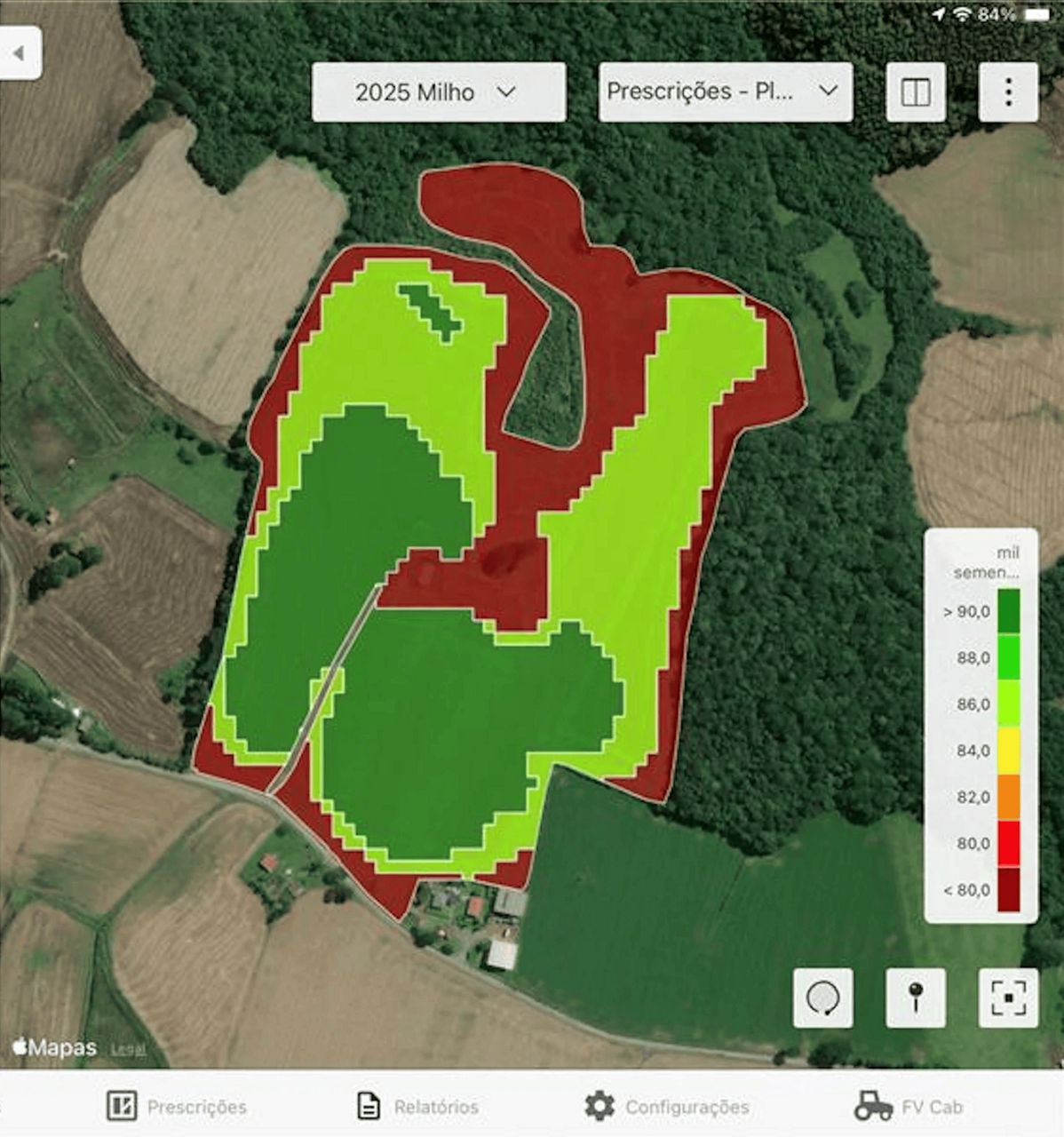 Mapa de alta precisão de uma propriedade agrícola, com áreas de diferentes cores representando níveis de fertilidade do solo, destacando os setores mais férteis em verde e os menos férteis em vermelho, essencial para otimização de fertilização e produtividade agrícola.