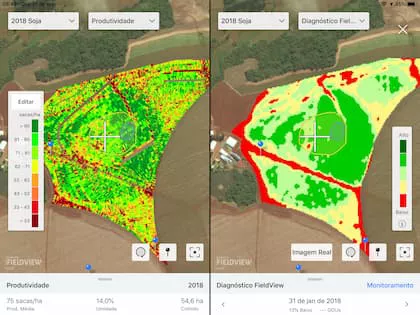 Imagem de dois mapas de uma área agrícola.