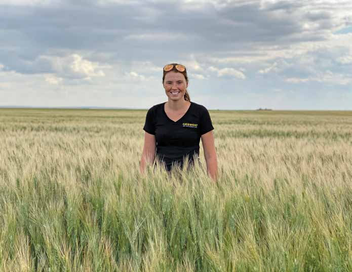 A Caucasian person in a black shirt stands in a sprawling field of barley. The plants are beige and green, and as tall as the person’s waist. 