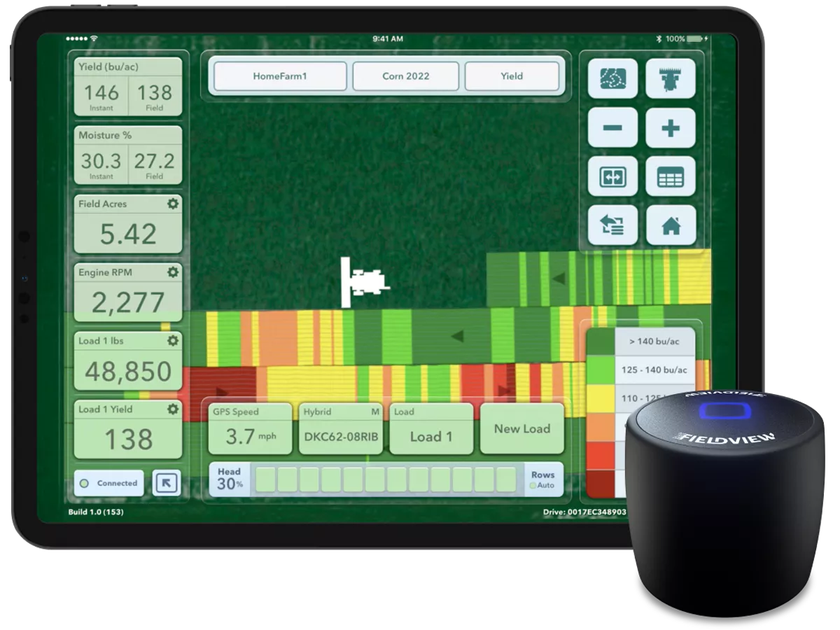 iPad with in-progress harvest and a FieldView Drive 2.0