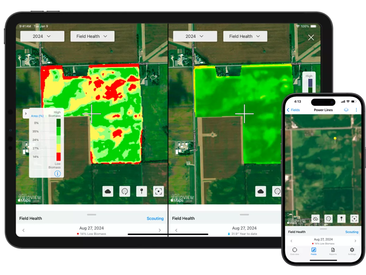 iPad and a phone with FieldView scouting maps. 