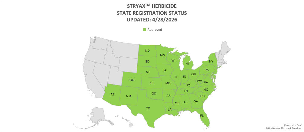 Map of the United States showing StryaxTM herbicide state registration status as of April 28, 2026.