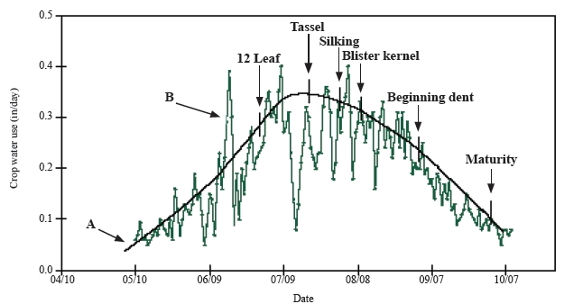  Example of long-term daily average (A) and individual year (B) corn water use with select growth stages