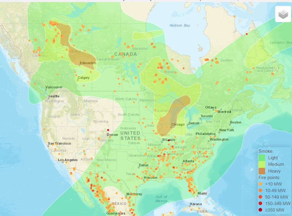 Locations of fires and smoke in North America on June 27, 2023. 