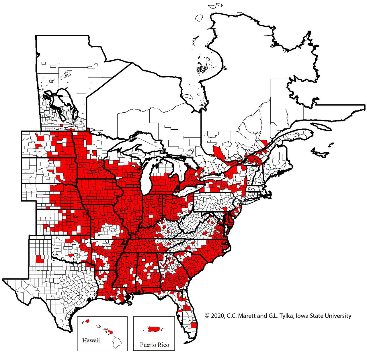 Distribution of soybean cyst nematode in the United States and Canada in 2020. 