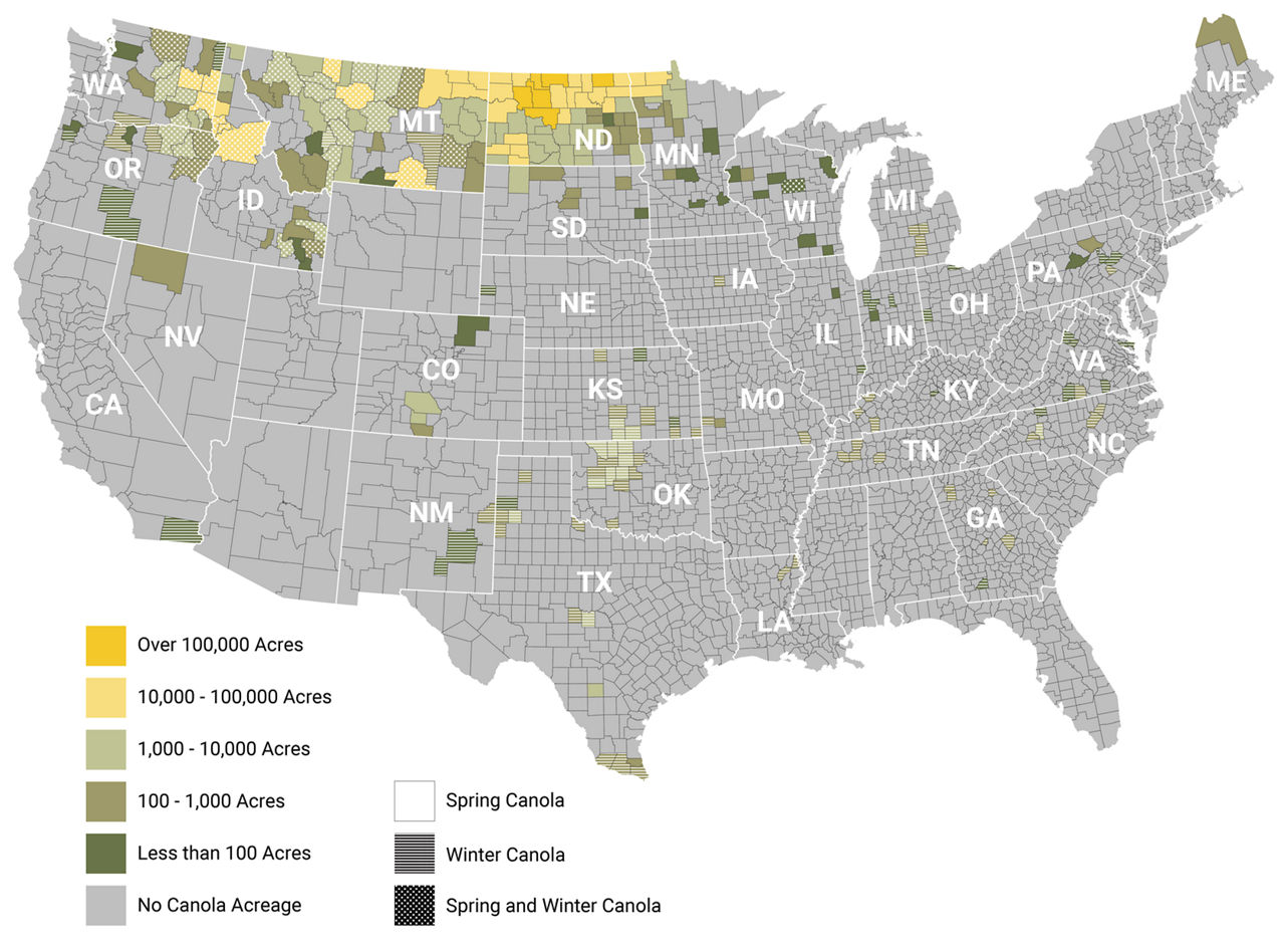 Canola production map in the US.  